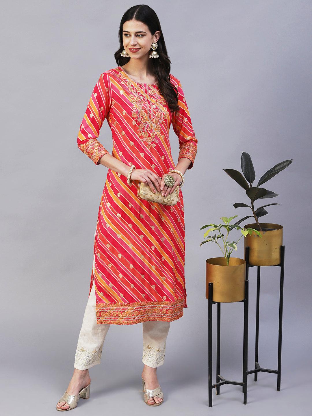 Lehriya Printed Zari & Resham Embroidered Kurta - Fuchsia - Indiakreations