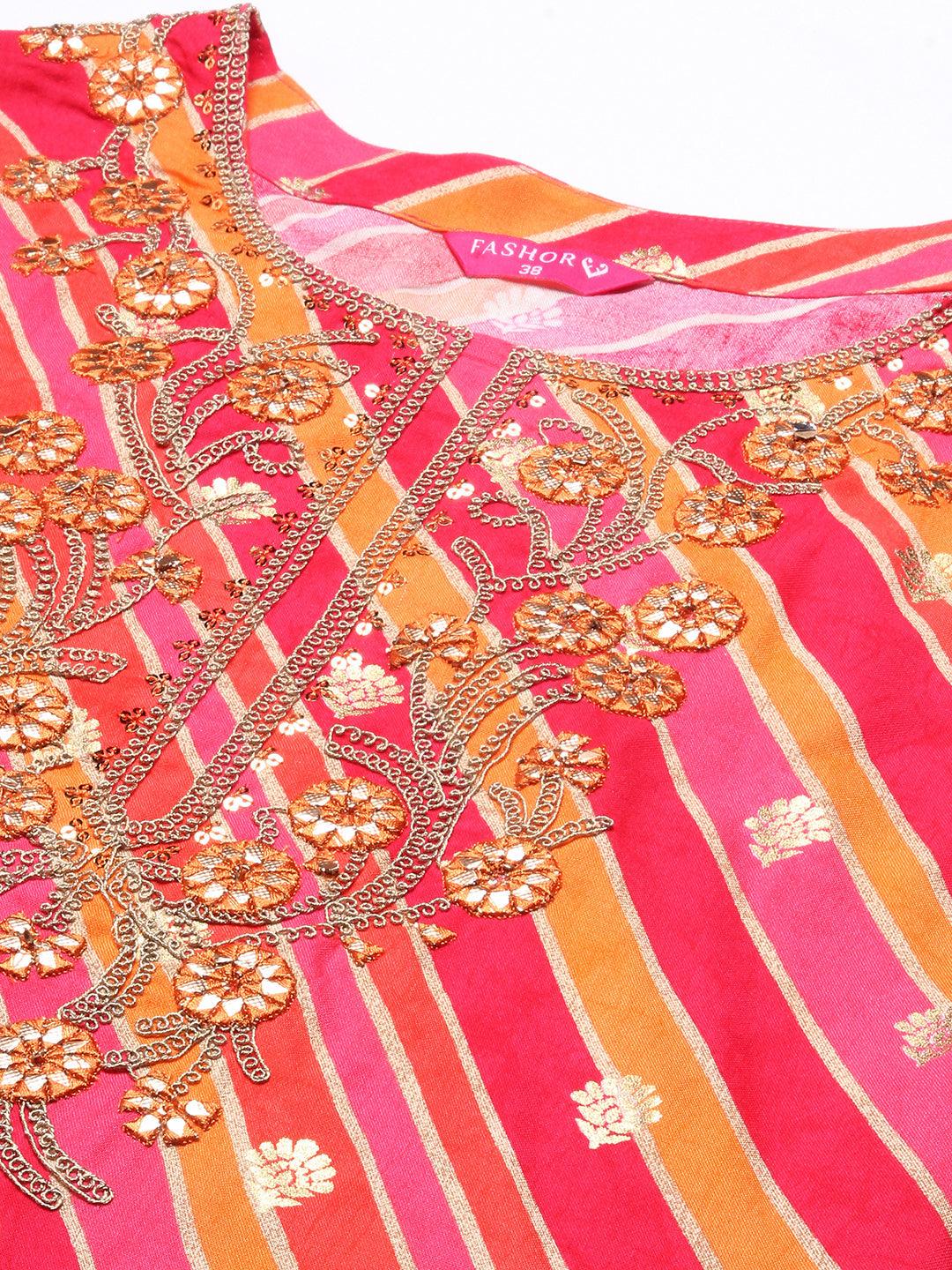 Lehriya Printed Zari & Resham Embroidered Kurta - Fuchsia - Indiakreations