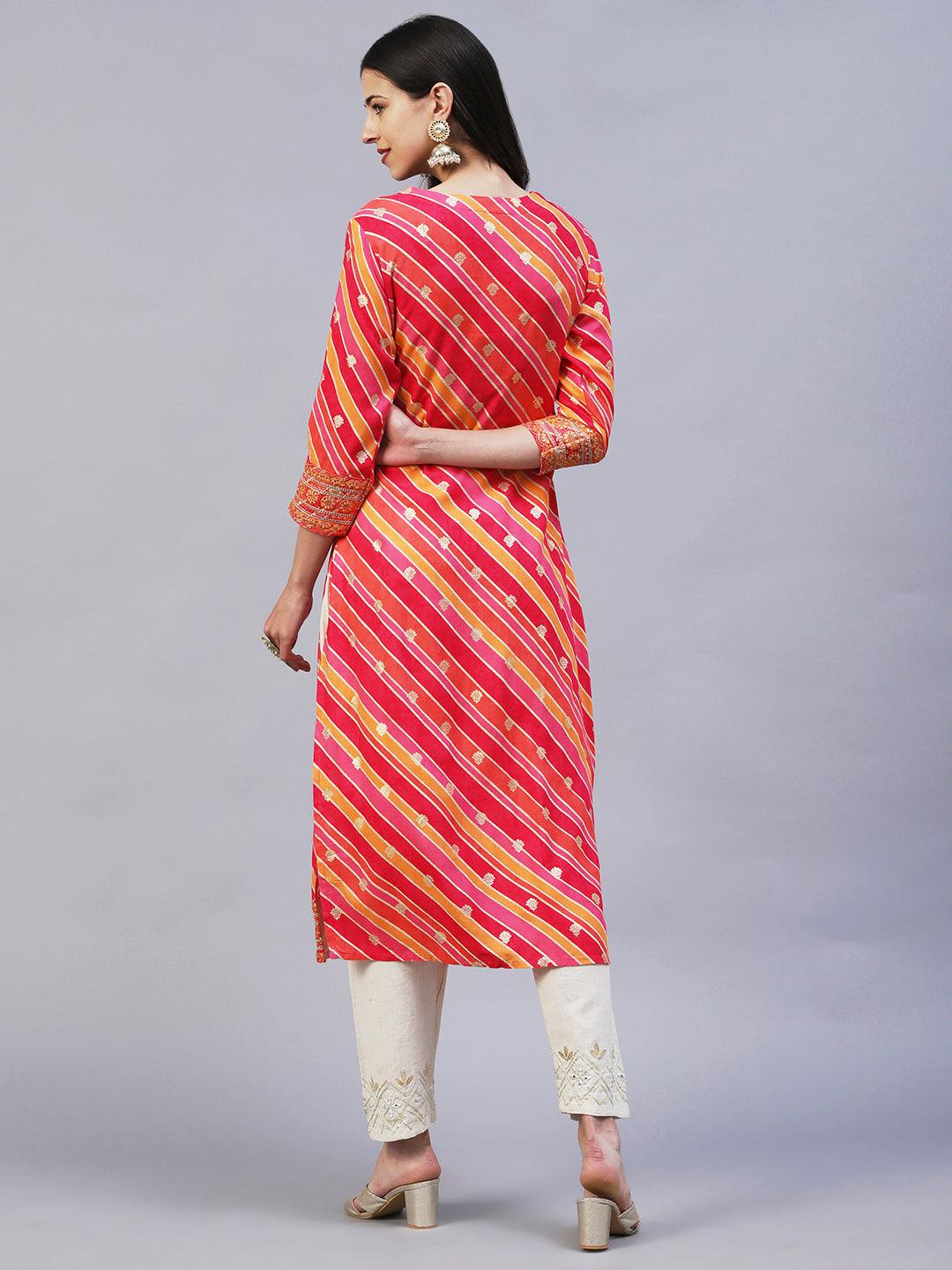 Lehriya Printed Zari & Resham Embroidered Kurta - Fuchsia - Indiakreations