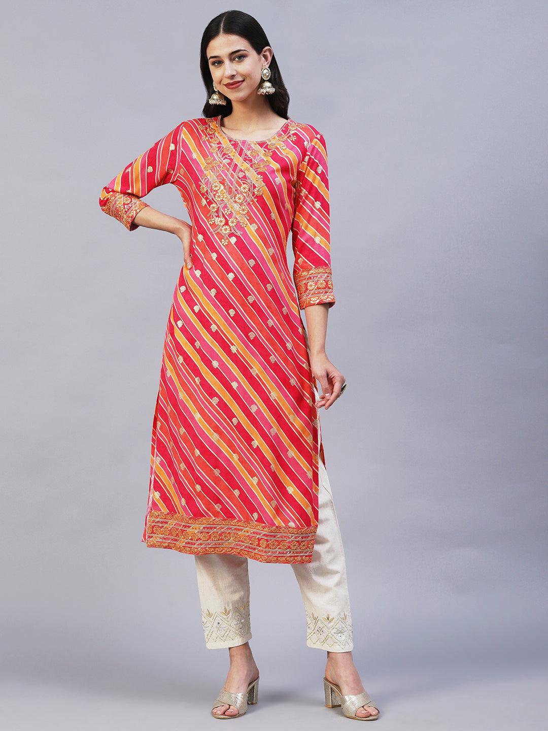 Lehriya Printed Zari & Resham Embroidered Kurta - Fuchsia - Indiakreations