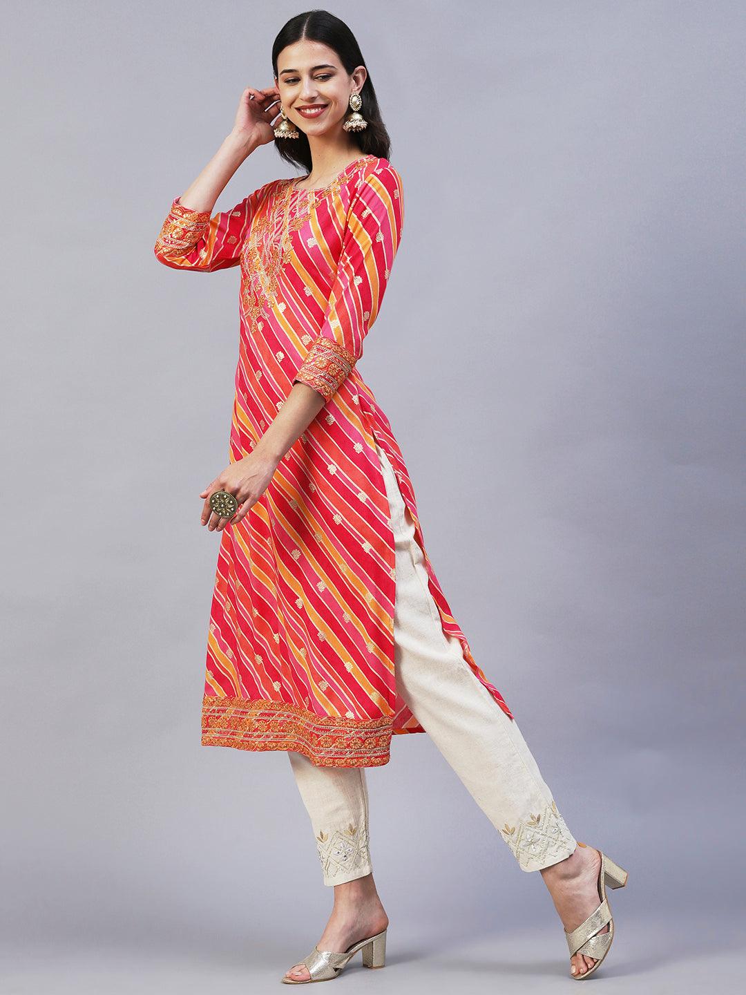 Lehriya Printed Zari & Resham Embroidered Kurta - Fuchsia - Indiakreations