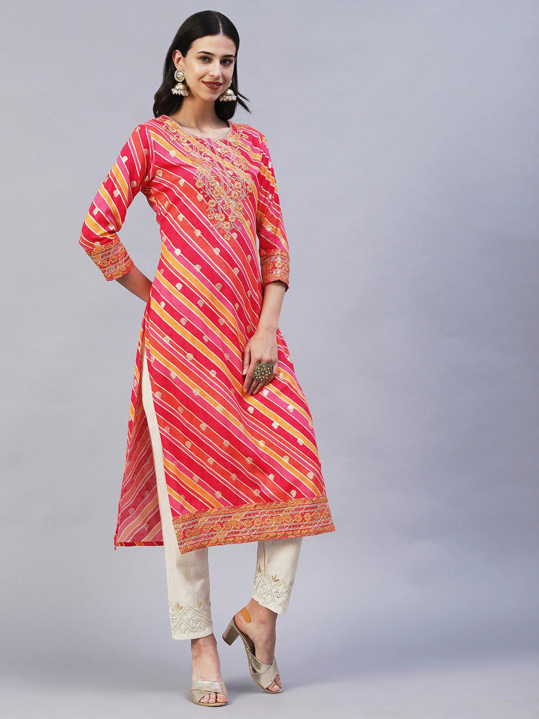 Lehriya Printed Zari & Resham Embroidered Kurta - Fuchsia - Indiakreations