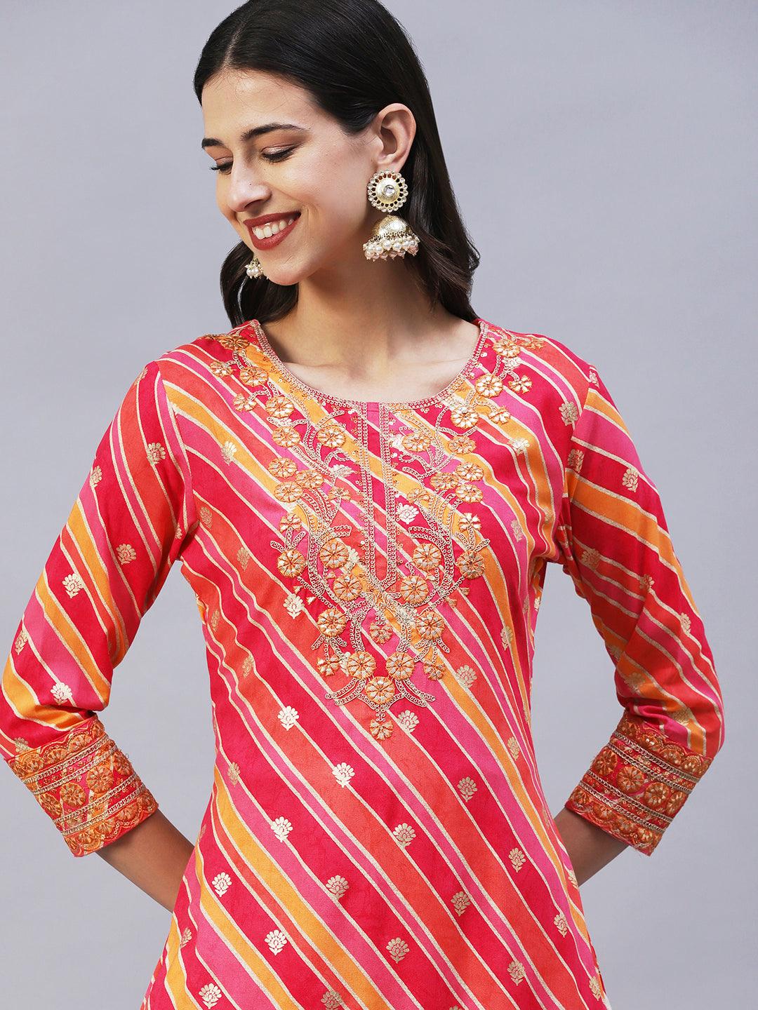 Lehriya Printed Zari & Resham Embroidered Kurta - Fuchsia - Indiakreations