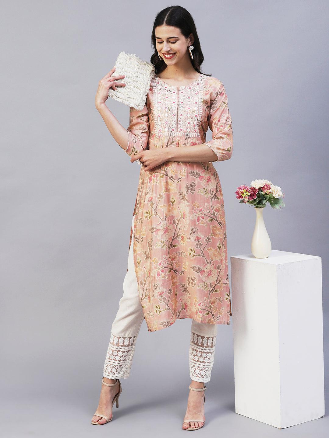 Floral Printed & Embroidered Straight Fit Kurta - Peach - Indiakreations