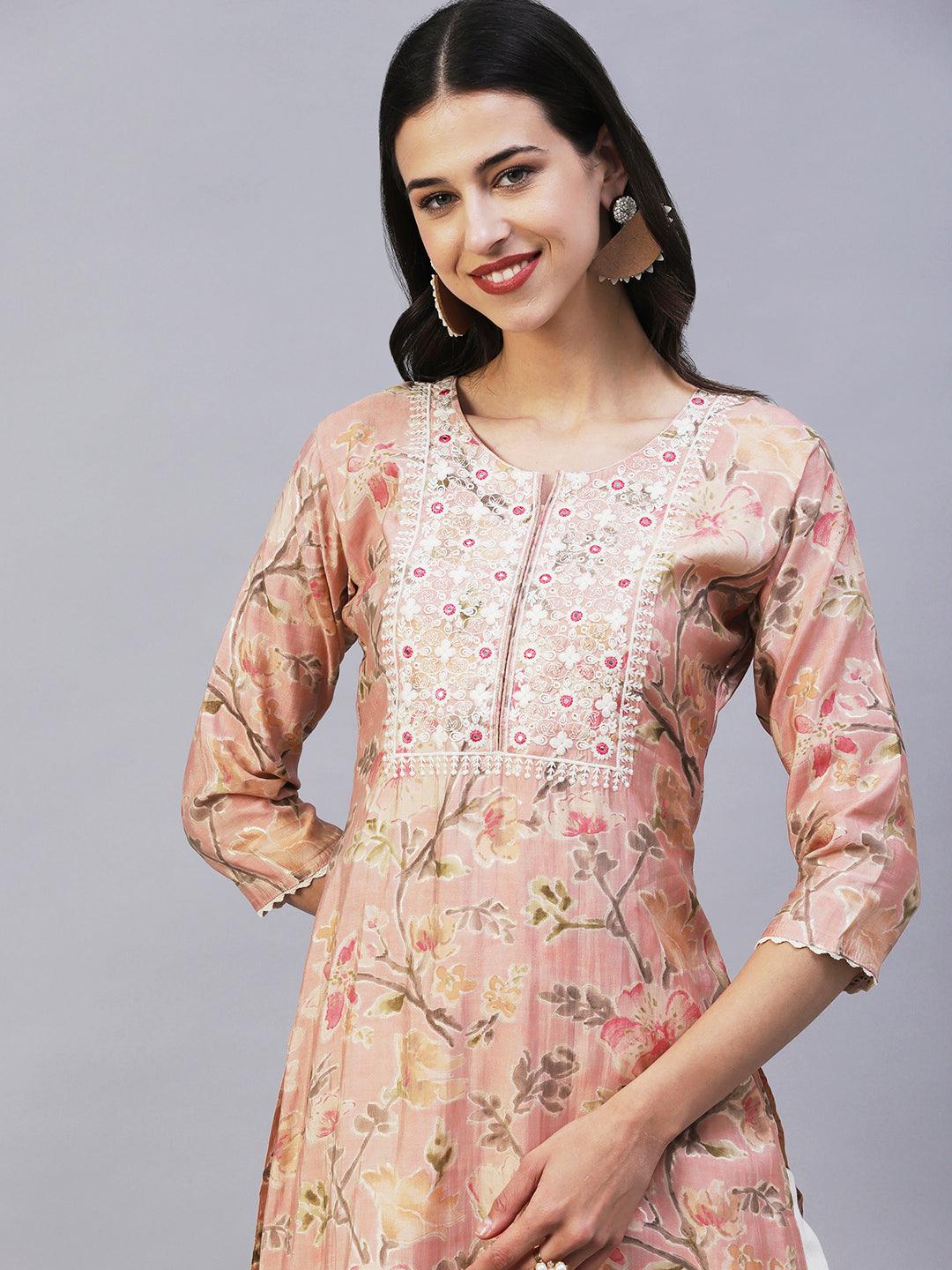 Floral Printed & Embroidered Straight Fit Kurta - Peach - Indiakreations