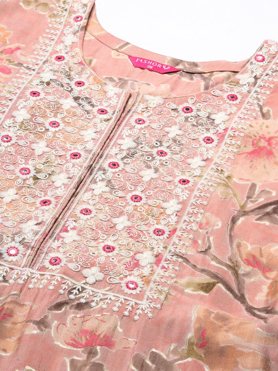 Floral Printed & Embroidered Straight Fit Kurta - Peach - Indiakreations