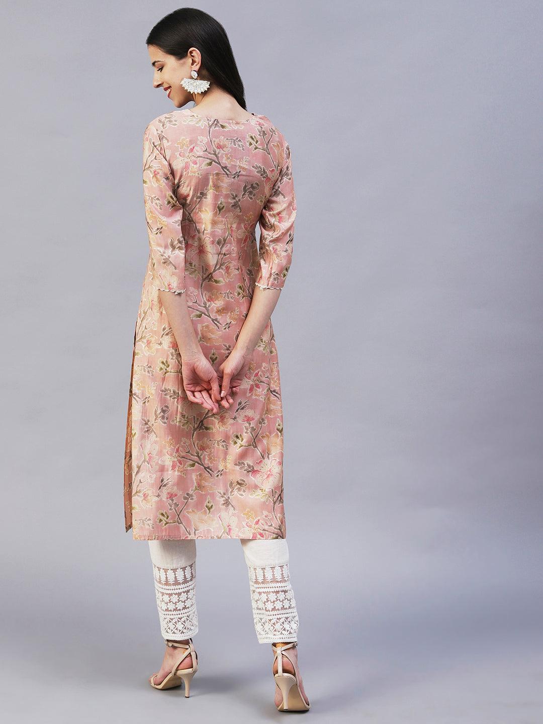 Floral Printed & Embroidered Straight Fit Kurta - Peach - Indiakreations