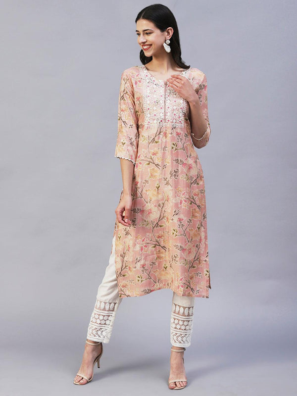 Floral Printed & Embroidered Straight Fit Kurta - Peach - Indiakreations