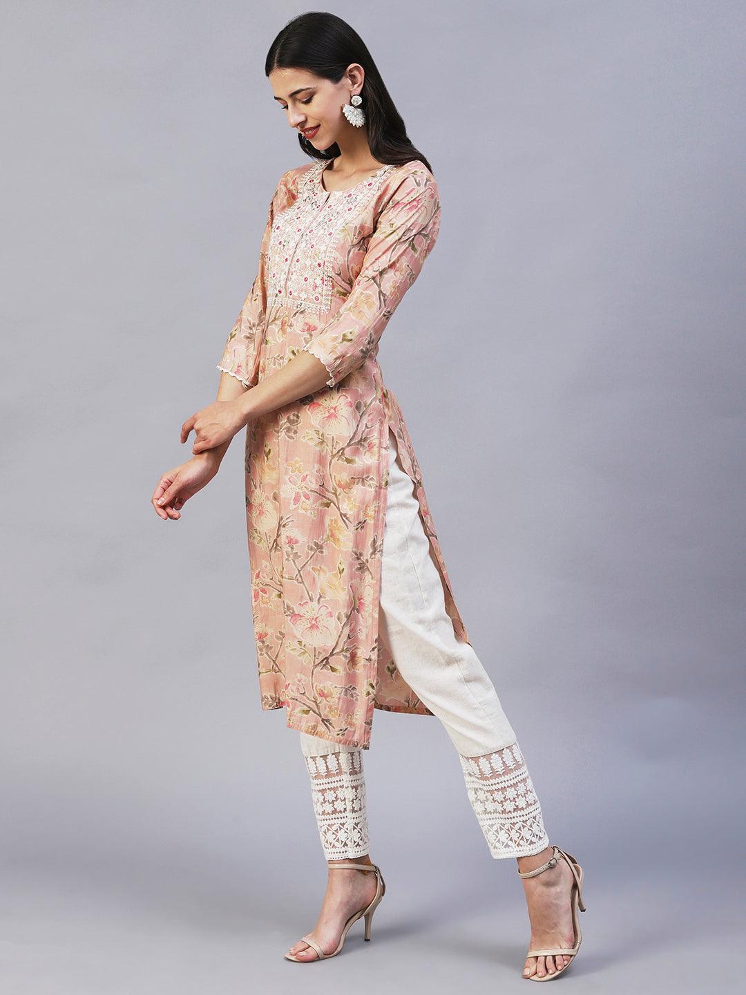 Floral Printed & Embroidered Straight Fit Kurta - Peach - Indiakreations