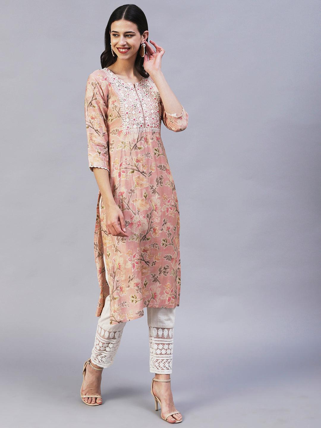 Floral Printed & Embroidered Straight Fit Kurta - Peach - Indiakreations