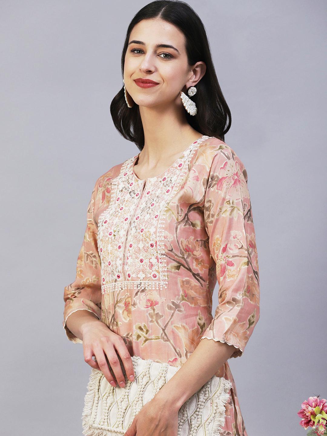 Floral Printed & Embroidered Straight Fit Kurta - Peach - Indiakreations