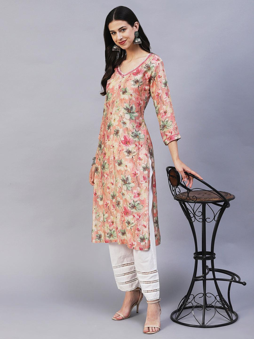 Floral Printed Mirror & Resham Embroidered Kurta - Peach - Indiakreations