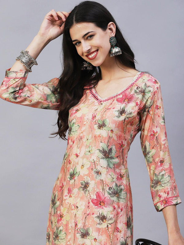 Floral Printed Mirror & Resham Embroidered Kurta - Peach - Indiakreations