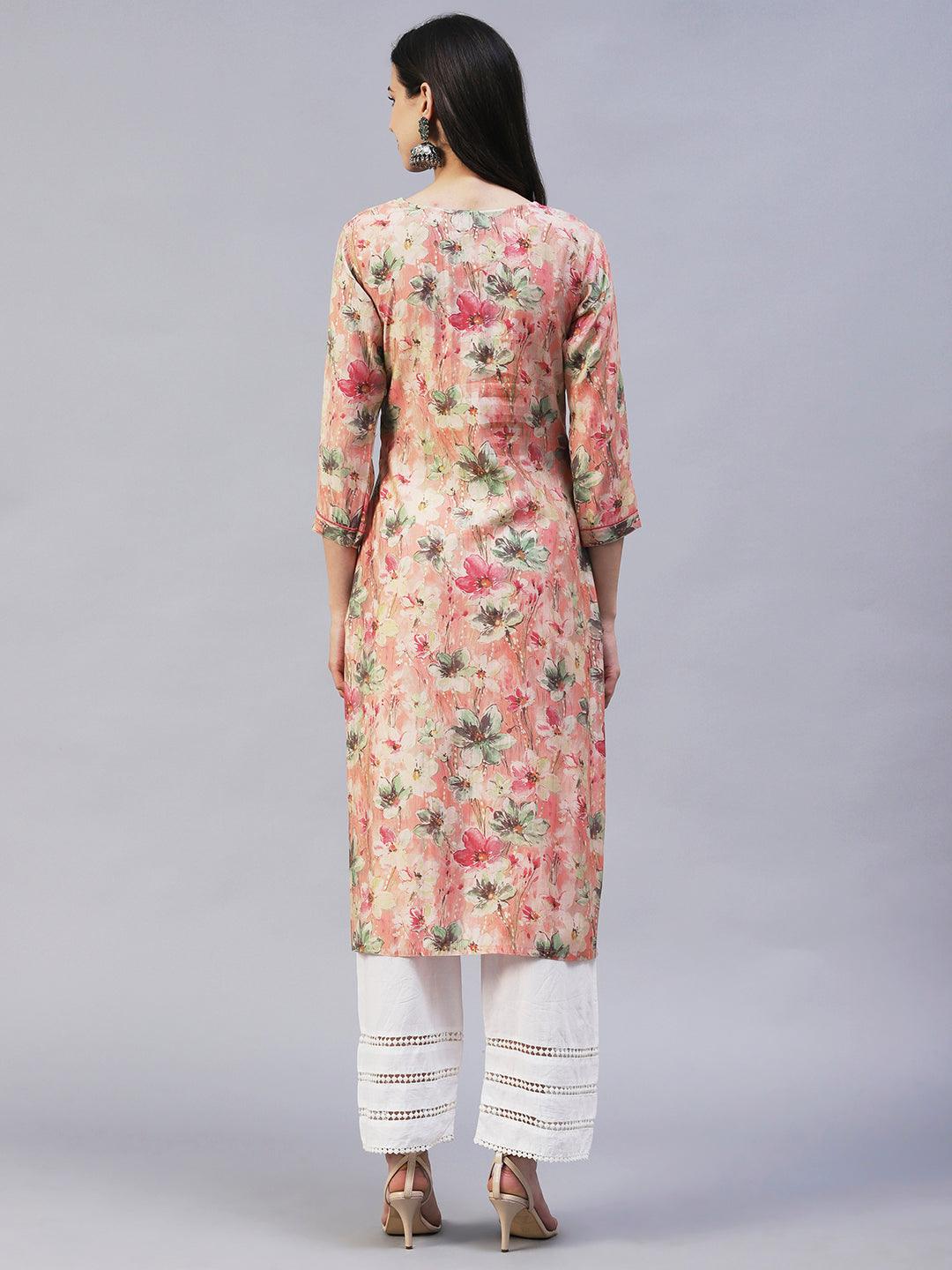 Floral Printed Mirror & Resham Embroidered Kurta - Peach - Indiakreations