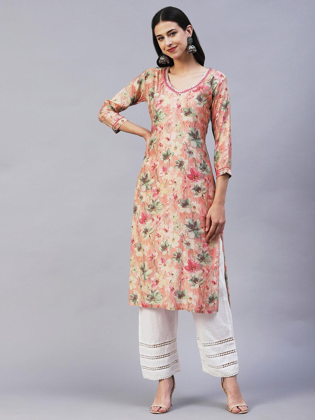 Floral Printed Mirror & Resham Embroidered Kurta - Peach - Indiakreations