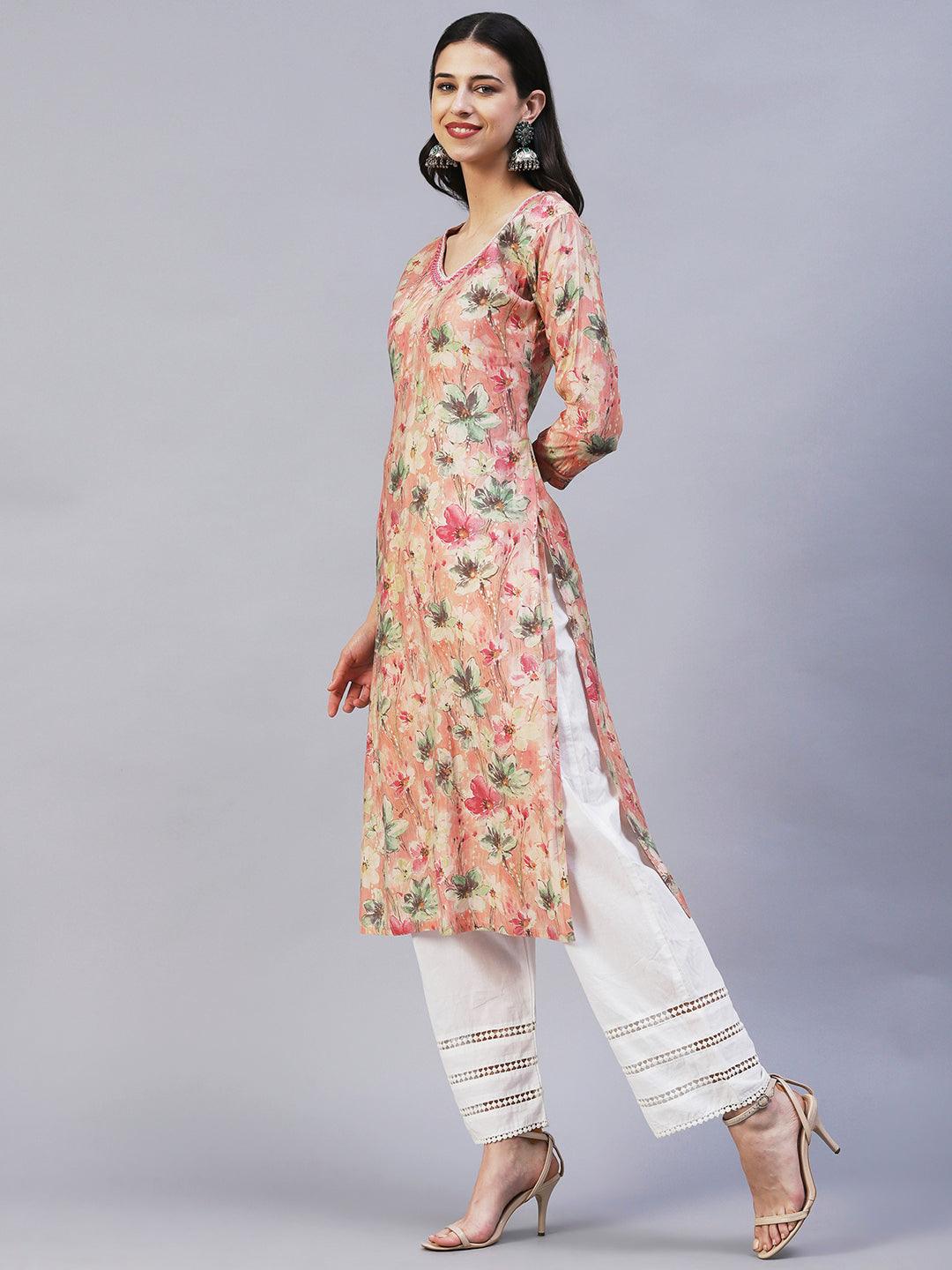 Floral Printed Mirror & Resham Embroidered Kurta - Peach - Indiakreations