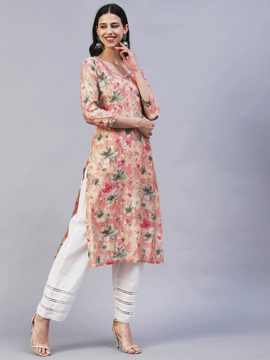 Floral Printed Mirror & Resham Embroidered Kurta - Peach - Indiakreations