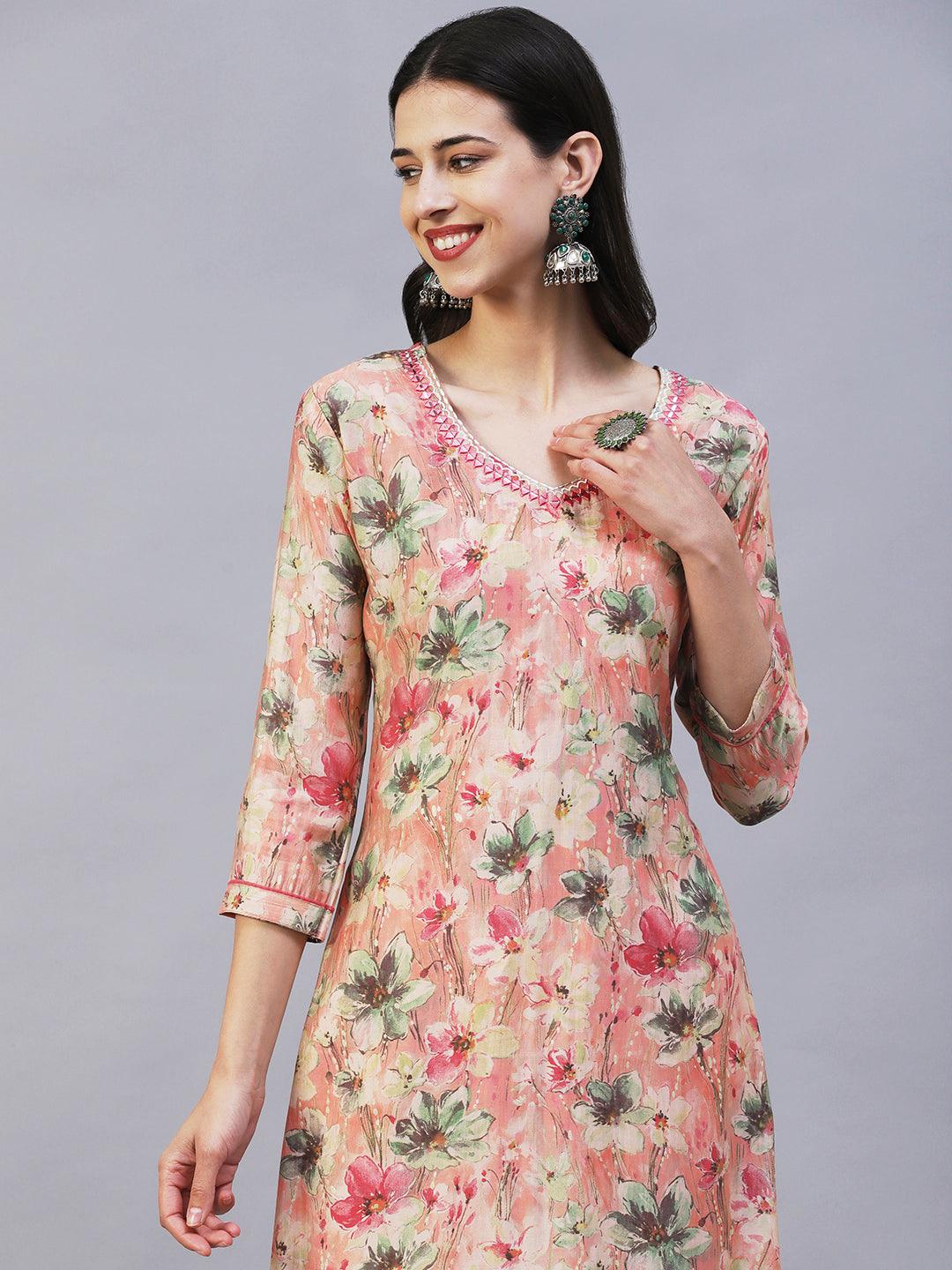 Floral Printed Mirror & Resham Embroidered Kurta - Peach - Indiakreations