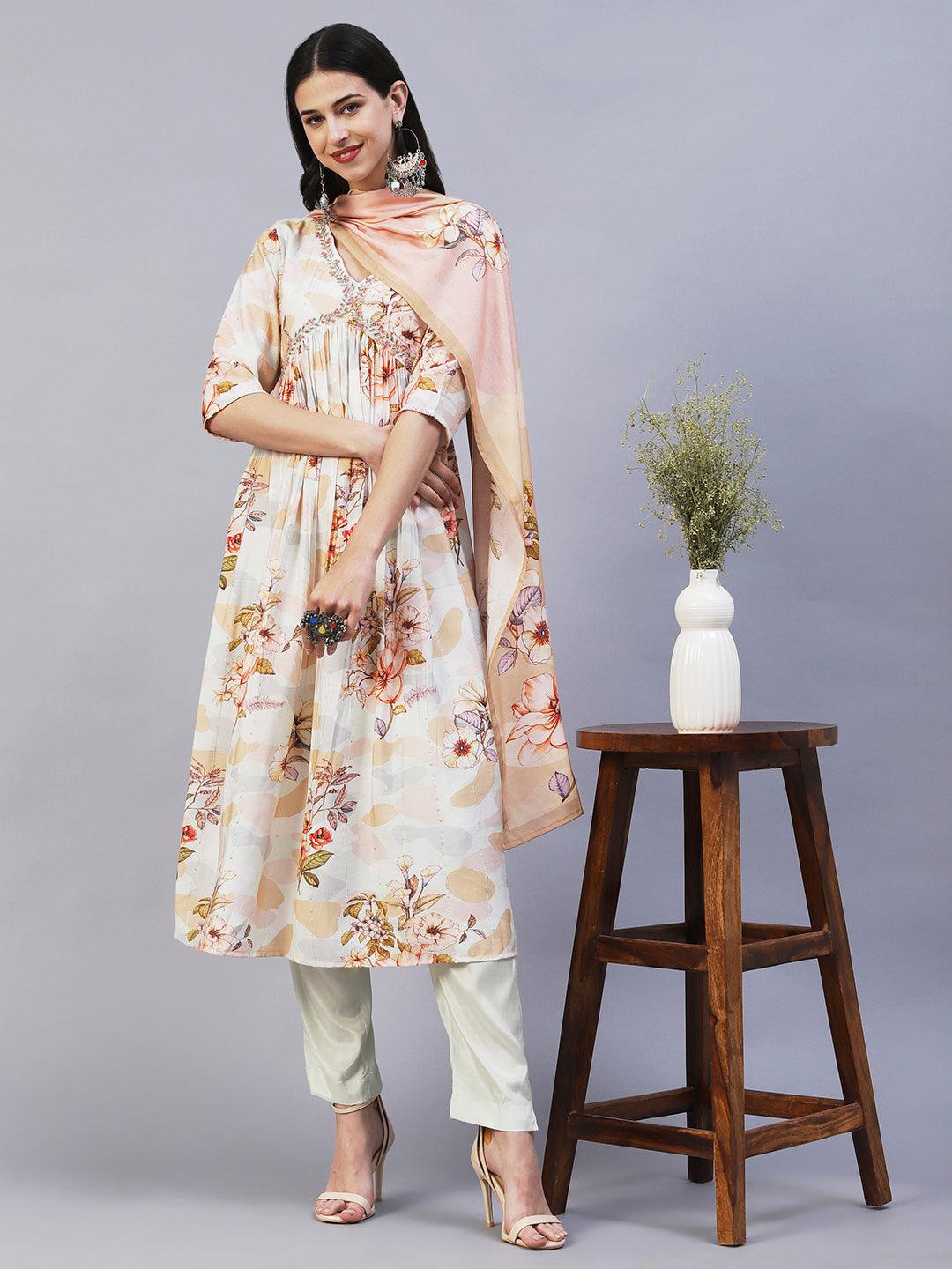 Floral Printed Cutdana Embroidered Empire Kurta With Pants & Dupatta - Cream - Indiakreations