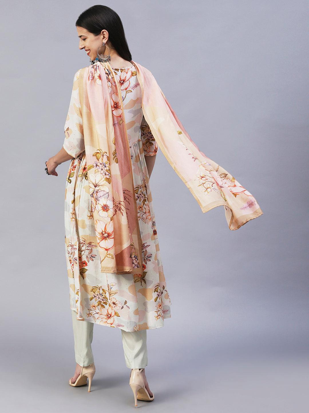 Floral Printed Cutdana Embroidered Empire Kurta With Pants & Dupatta - Cream - Indiakreations