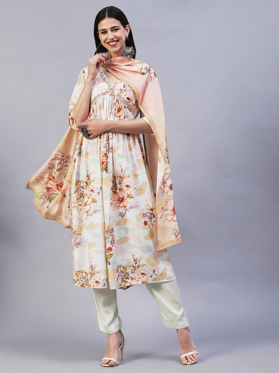 Floral Printed Cutdana Embroidered Empire Kurta With Pants & Dupatta - Cream - Indiakreations