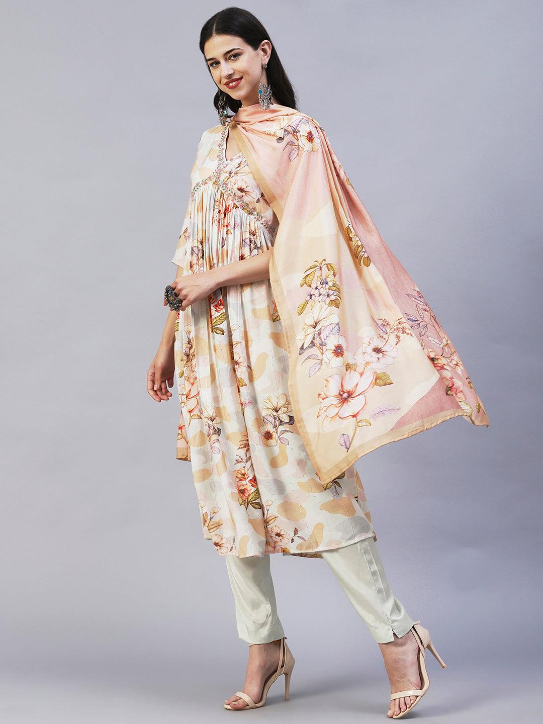 Floral Printed Cutdana Embroidered Empire Kurta With Pants & Dupatta - Cream - Indiakreations