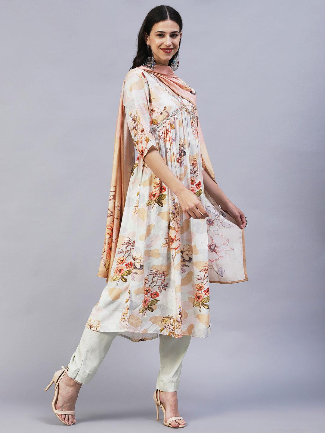 Floral Printed Cutdana Embroidered Empire Kurta With Pants & Dupatta - Cream - Indiakreations