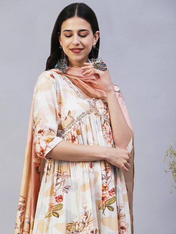 Floral Printed Cutdana Embroidered Empire Kurta With Pants & Dupatta - Cream - Indiakreations