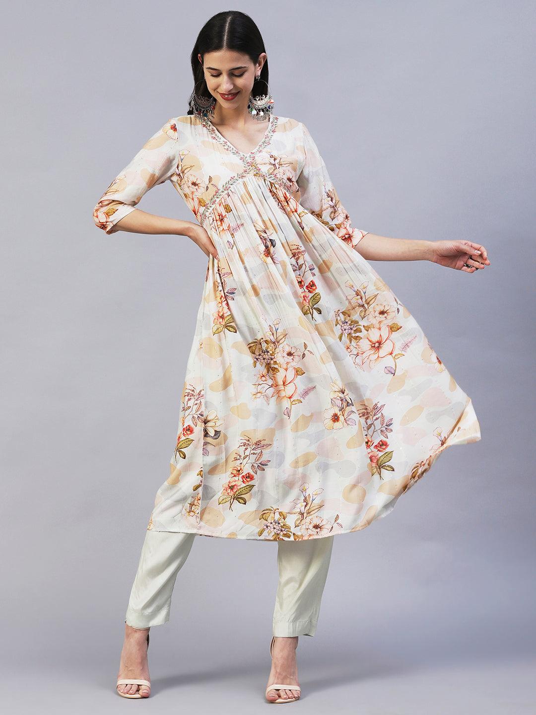 Floral Printed Cutdana Embroidered Empire Kurta With Pants & Dupatta - Cream - Indiakreations