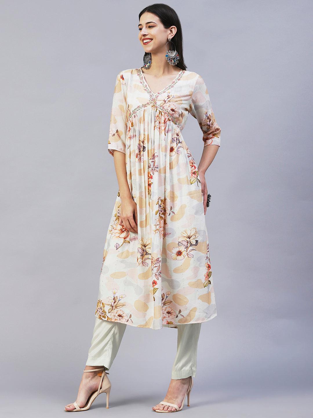 Floral Printed Cutdana Embroidered Empire Kurta With Pants & Dupatta - Cream - Indiakreations