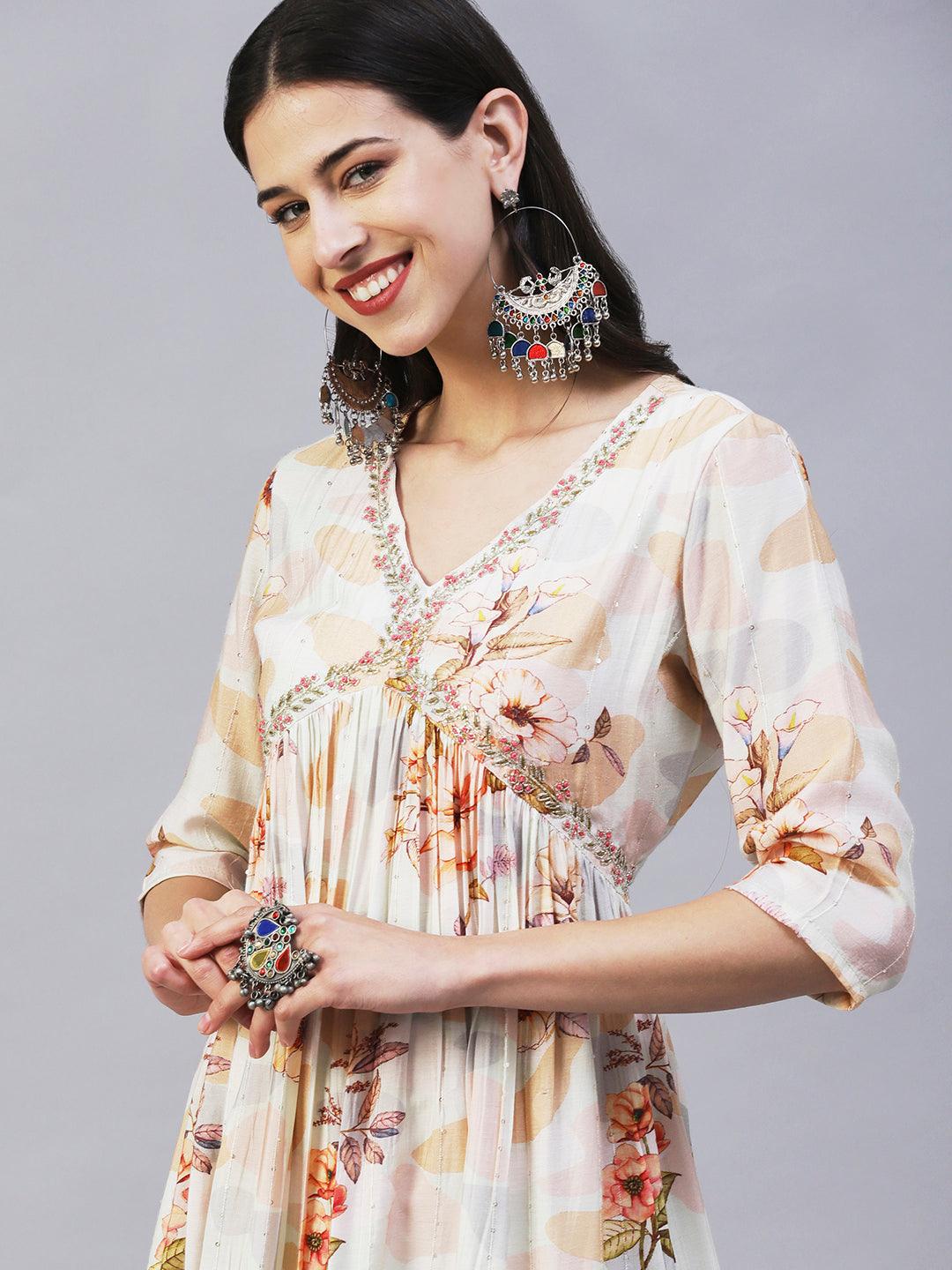 Floral Printed Cutdana Embroidered Empire Kurta With Pants & Dupatta - Cream - Indiakreations