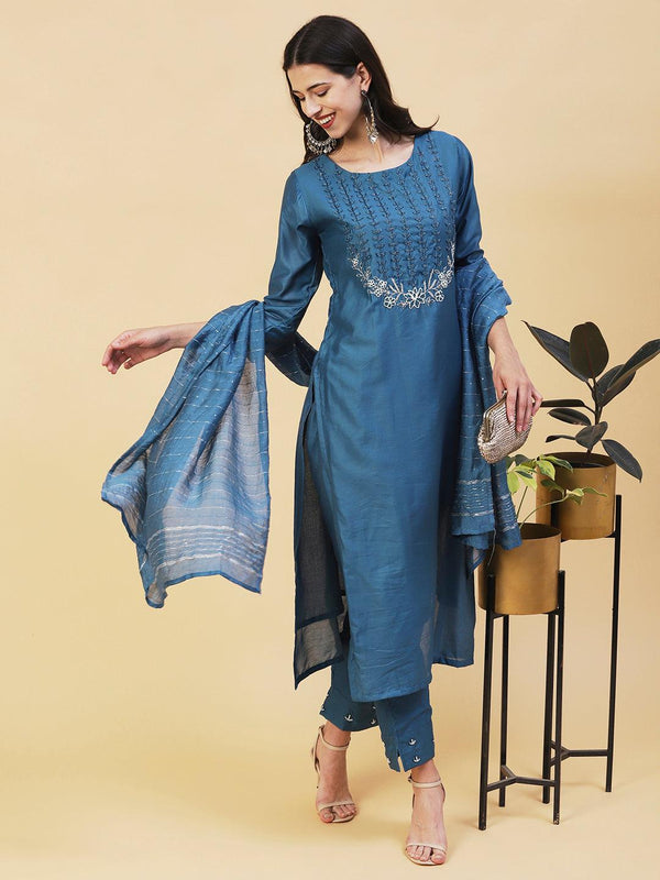 Ethnic Hand Embroidered Straight Kurta with Pant & Dupatta - Teal Blue - Indiakreations