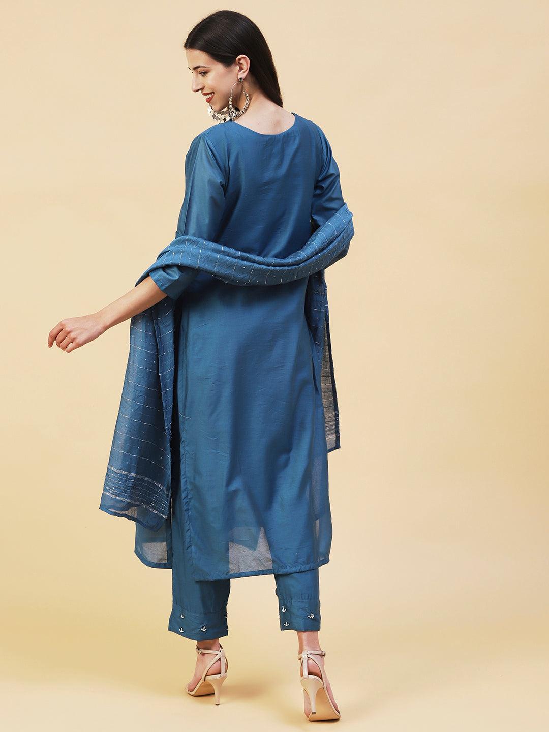 Ethnic Hand Embroidered Straight Kurta with Pant & Dupatta - Teal Blue - Indiakreations