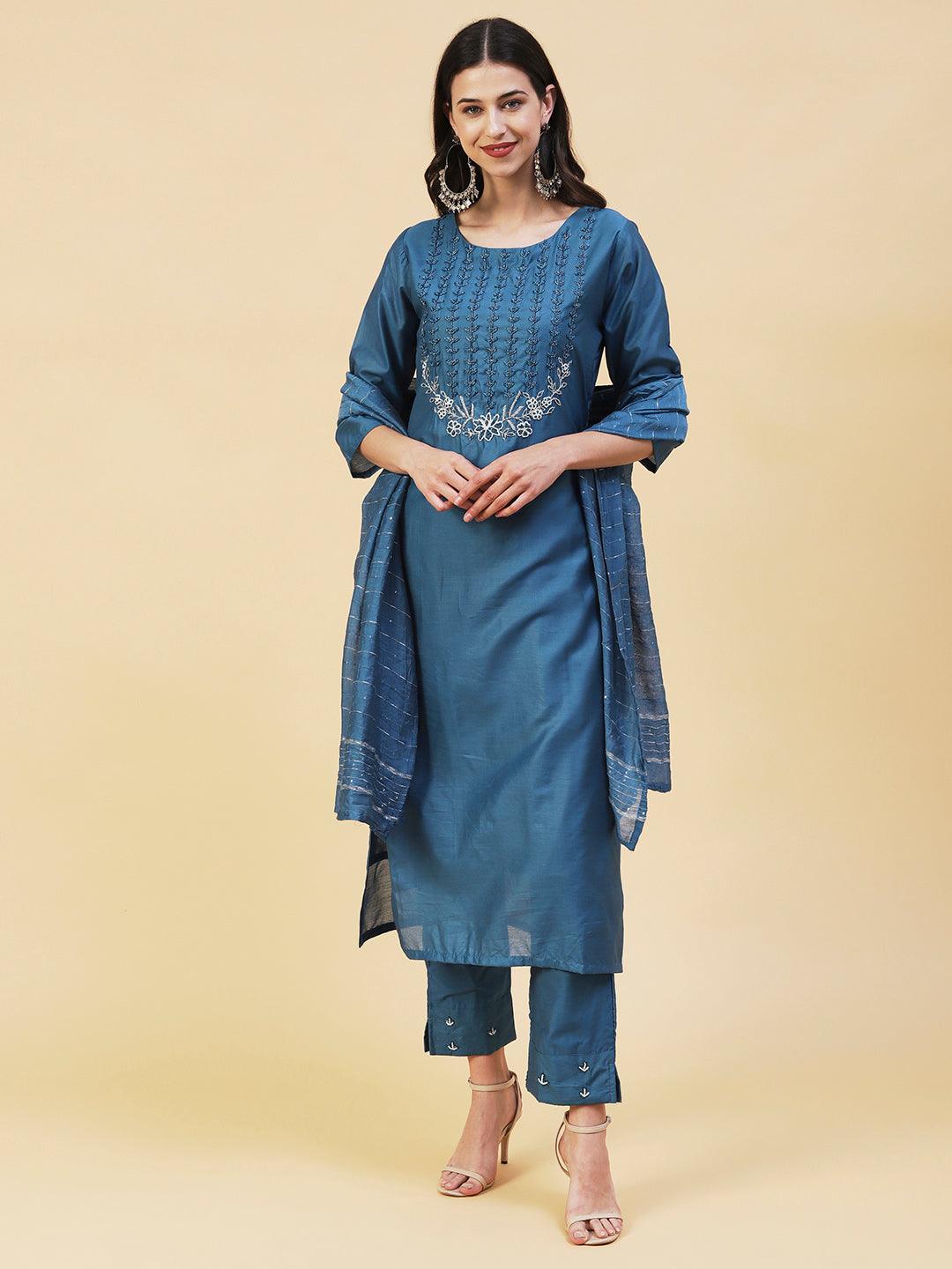 Ethnic Hand Embroidered Straight Kurta with Pant & Dupatta - Teal Blue - Indiakreations