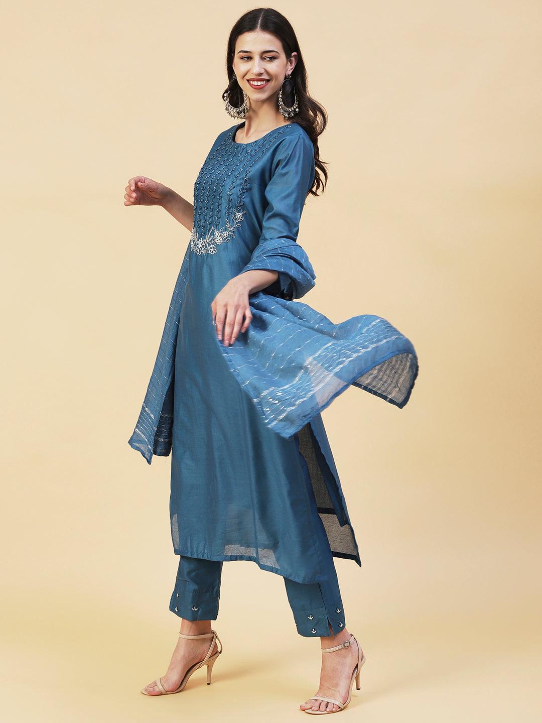 Ethnic Hand Embroidered Straight Kurta with Pant & Dupatta - Teal Blue - Indiakreations