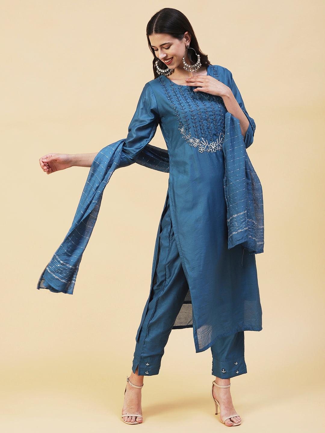 Ethnic Hand Embroidered Straight Kurta with Pant & Dupatta - Teal Blue - Indiakreations