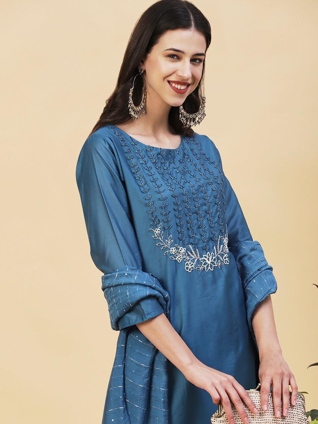 Ethnic Hand Embroidered Straight Kurta with Pant & Dupatta - Teal Blue - Indiakreations