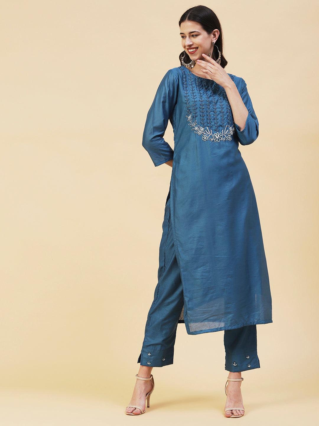 Ethnic Hand Embroidered Straight Kurta with Pant & Dupatta - Teal Blue - Indiakreations