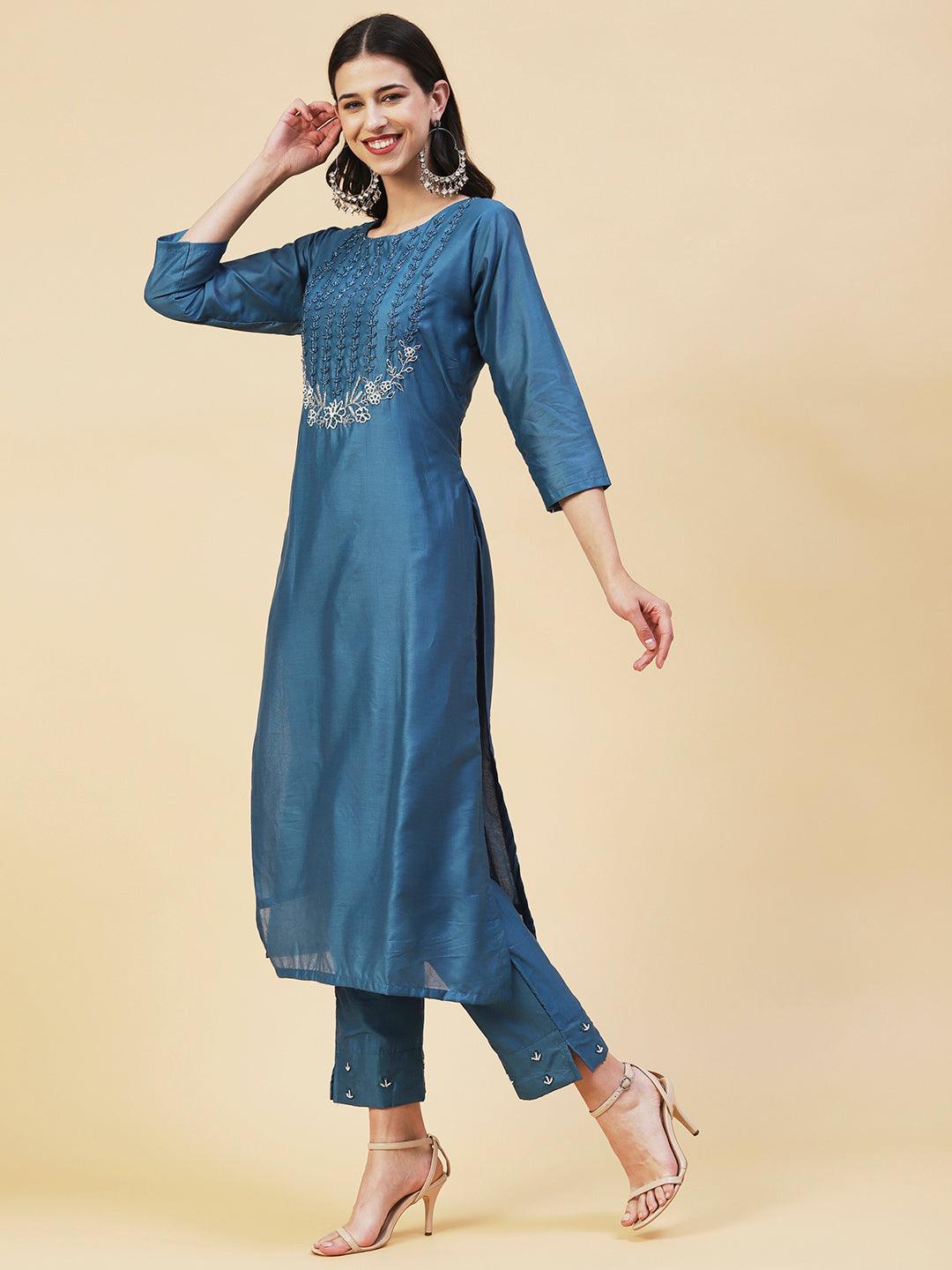 Ethnic Hand Embroidered Straight Kurta with Pant & Dupatta - Teal Blue - Indiakreations