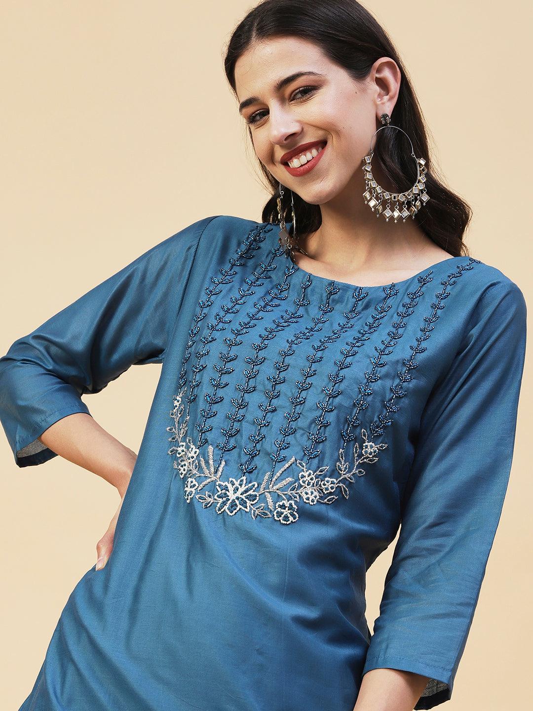 Ethnic Hand Embroidered Straight Kurta with Pant & Dupatta - Teal Blue - Indiakreations