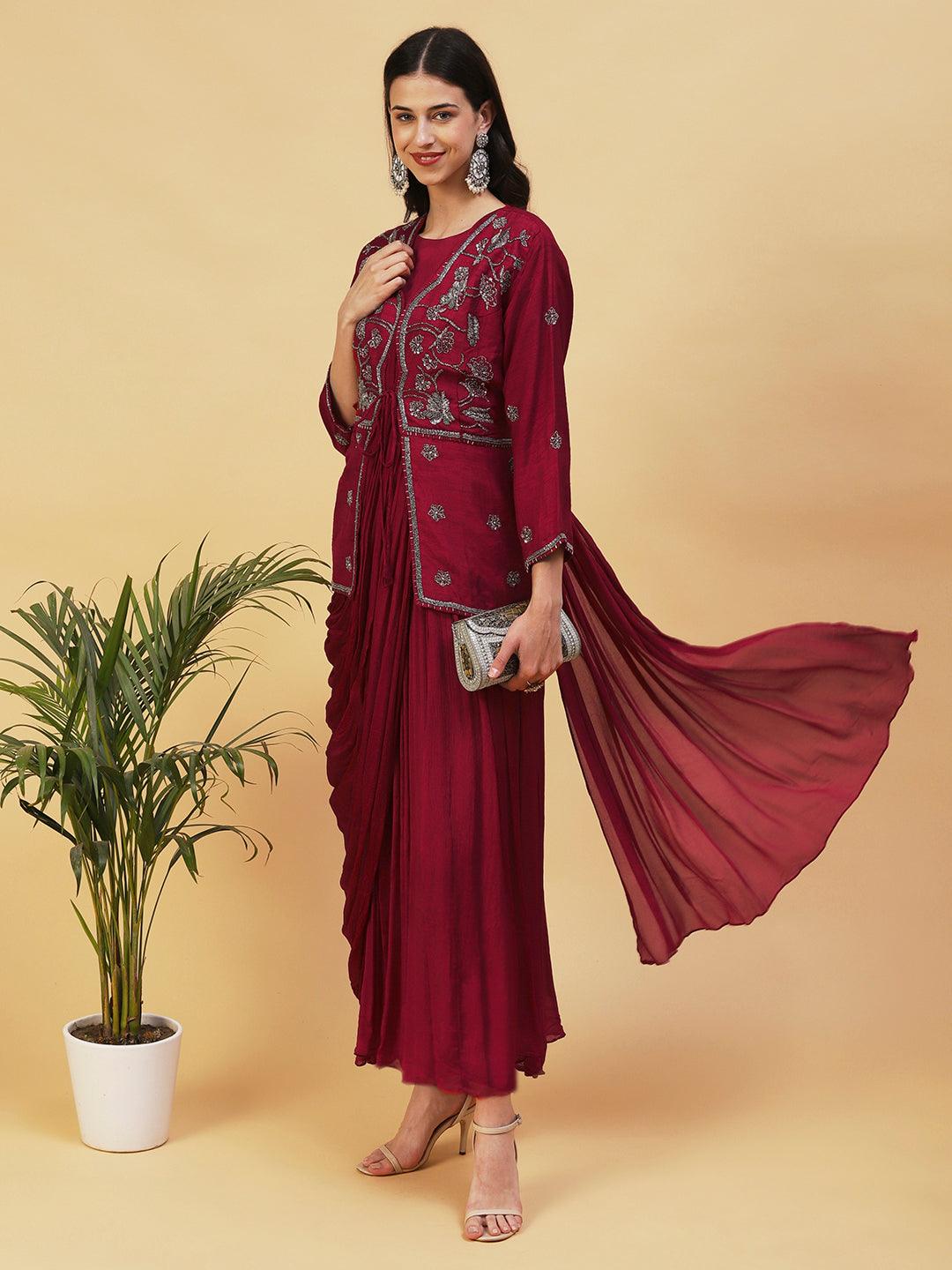 Solid Cowl Maxi Dress with Hand Embroidered Jacket - Maroon - Indiakreations