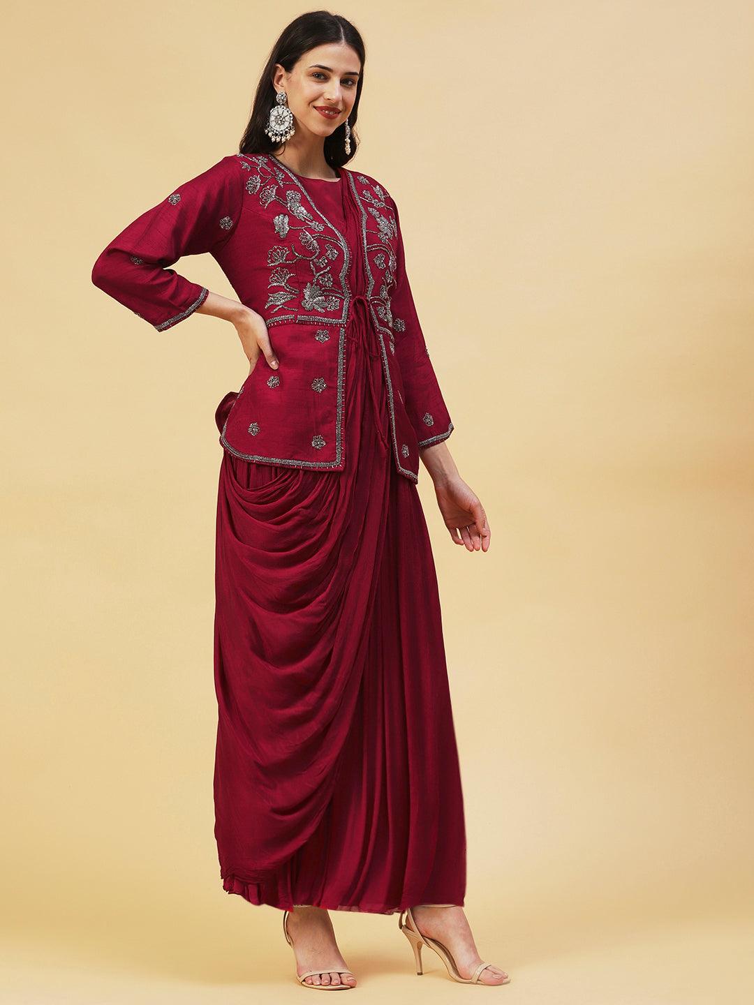 Solid Cowl Maxi Dress with Hand Embroidered Jacket - Maroon - Indiakreations