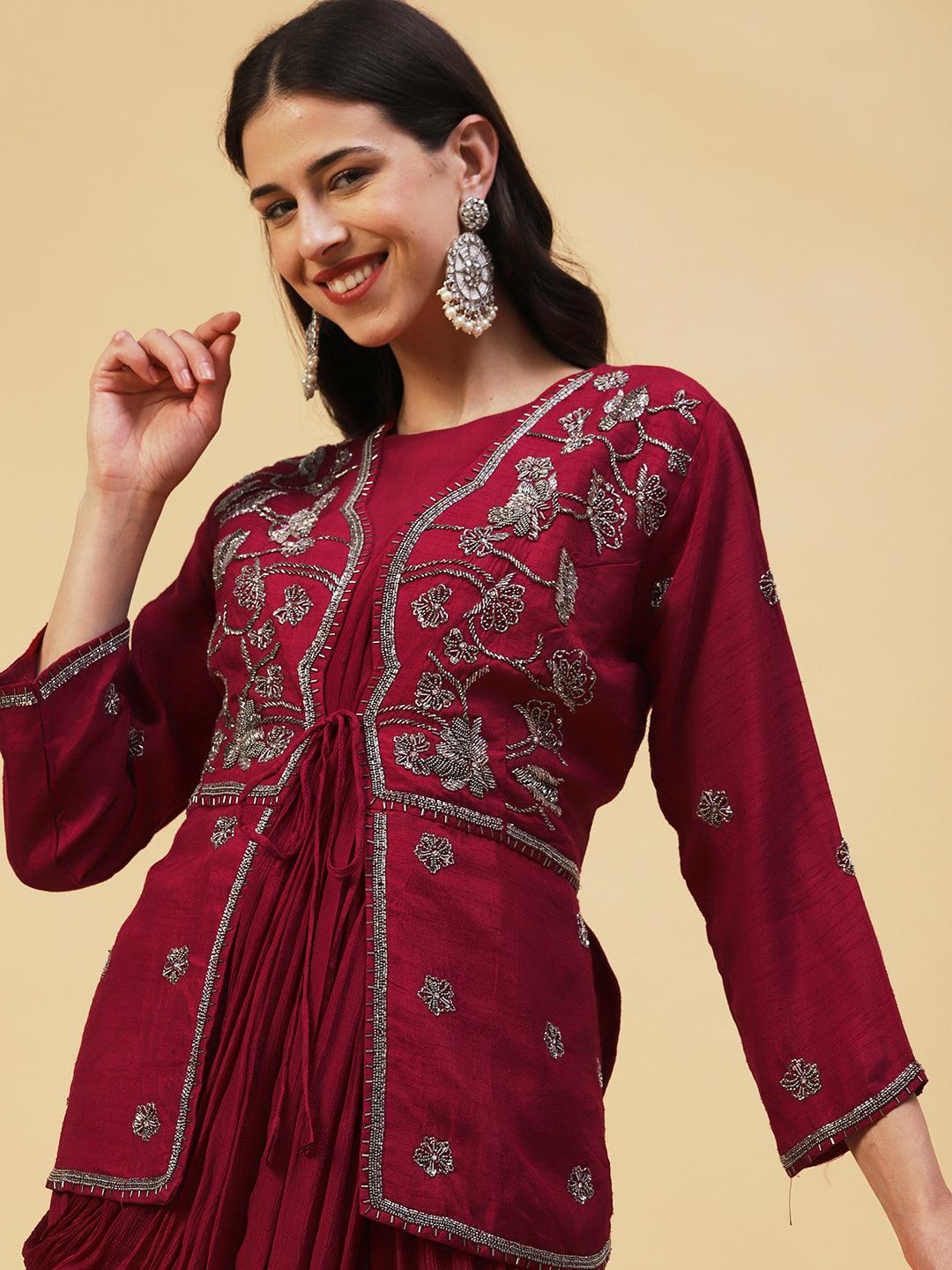 Solid Cowl Maxi Dress with Hand Embroidered Jacket - Maroon - Indiakreations