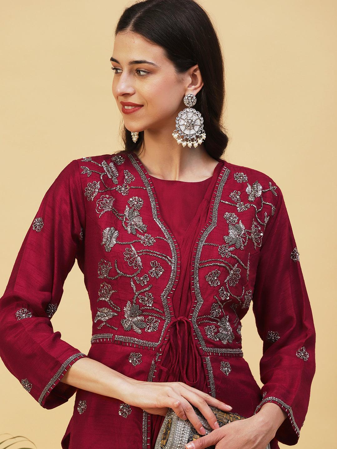 Solid Cowl Maxi Dress with Hand Embroidered Jacket - Maroon - Indiakreations