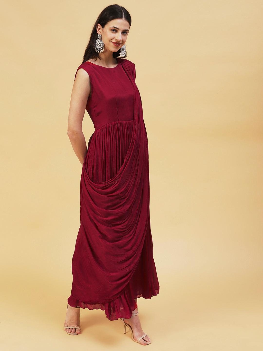 Solid Cowl Maxi Dress with Hand Embroidered Jacket - Maroon - Indiakreations