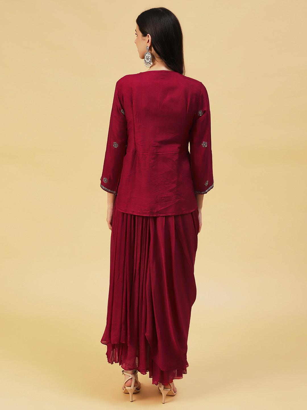 Solid Cowl Maxi Dress with Hand Embroidered Jacket - Maroon - Indiakreations