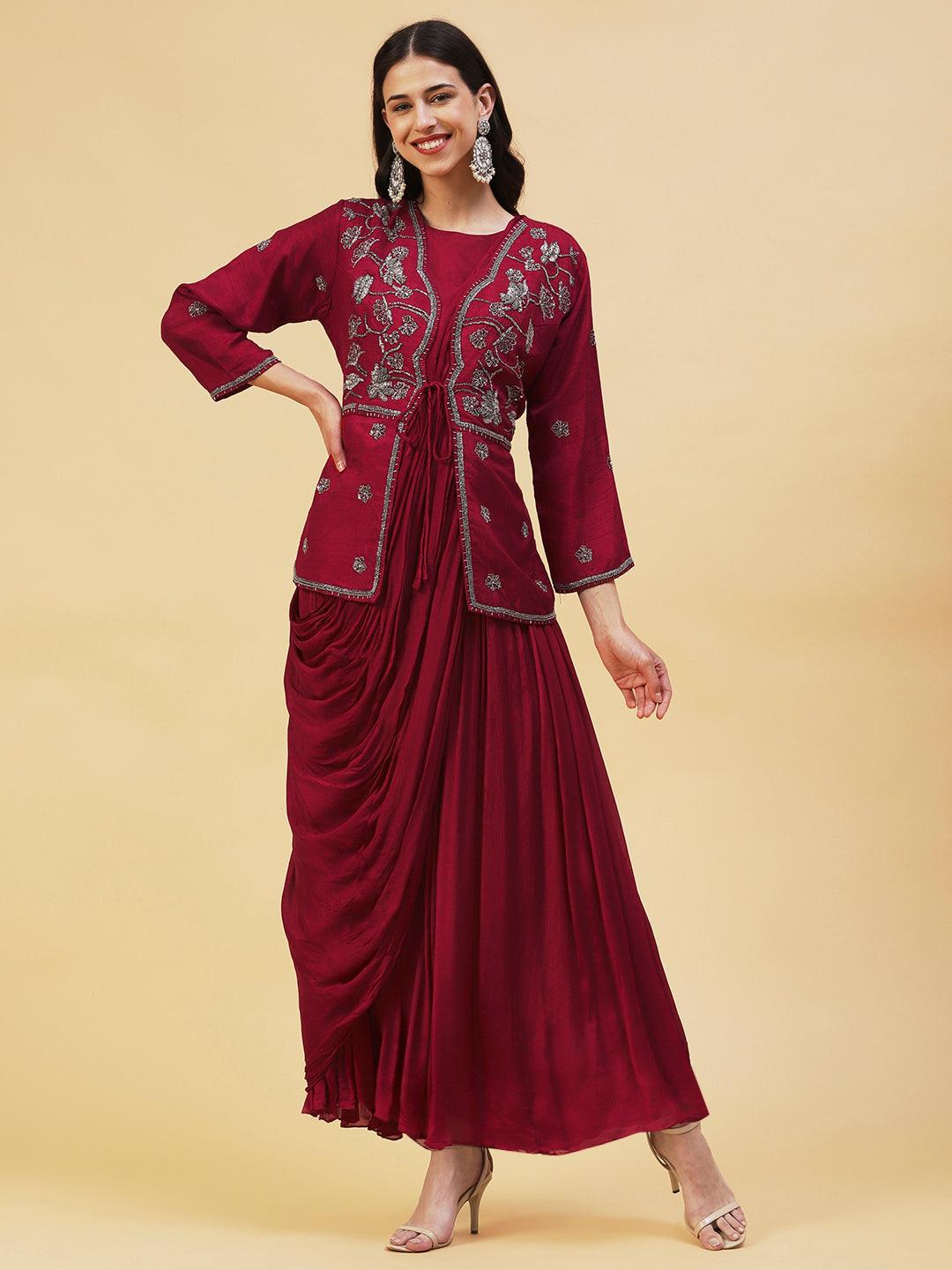 Solid Cowl Maxi Dress with Hand Embroidered Jacket - Maroon - Indiakreations