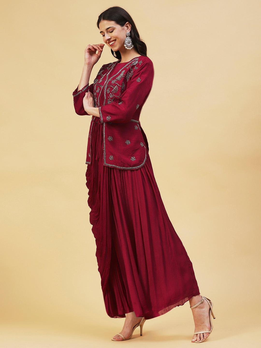 Solid Cowl Maxi Dress with Hand Embroidered Jacket - Maroon - Indiakreations