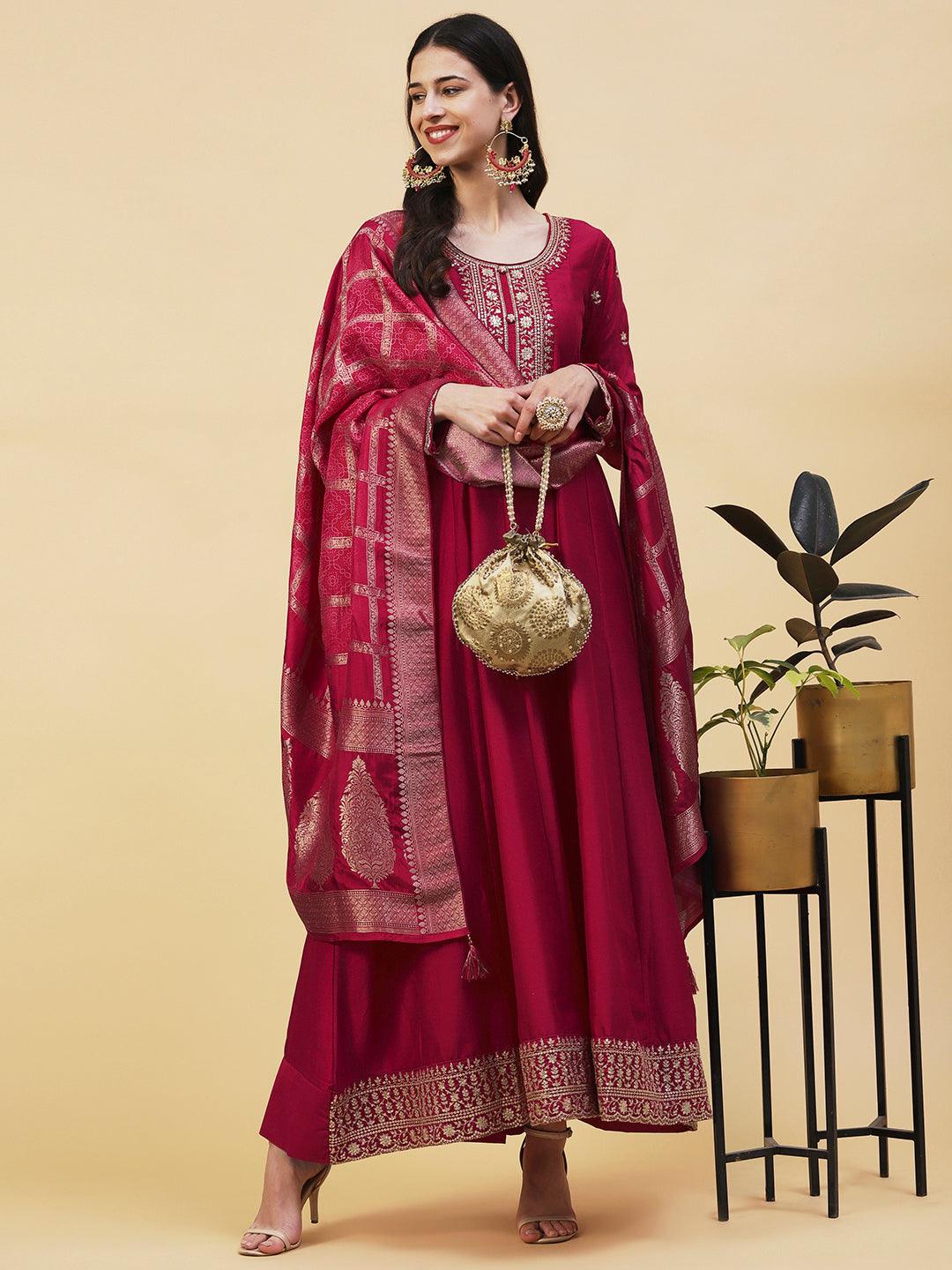 Solid Ethnic Embroidered A- Line Anarkali Maxi Dress with Dupatta - Cherry Red - Indiakreations