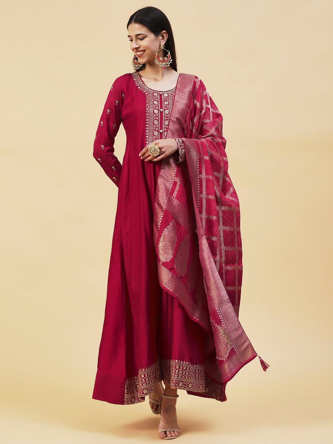 Solid Ethnic Embroidered A- Line Anarkali Maxi Dress with Dupatta - Cherry Red - Indiakreations